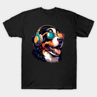 Grinning Bernese Mountain Dog as Smiling DJ in Sunglasses T-Shirt